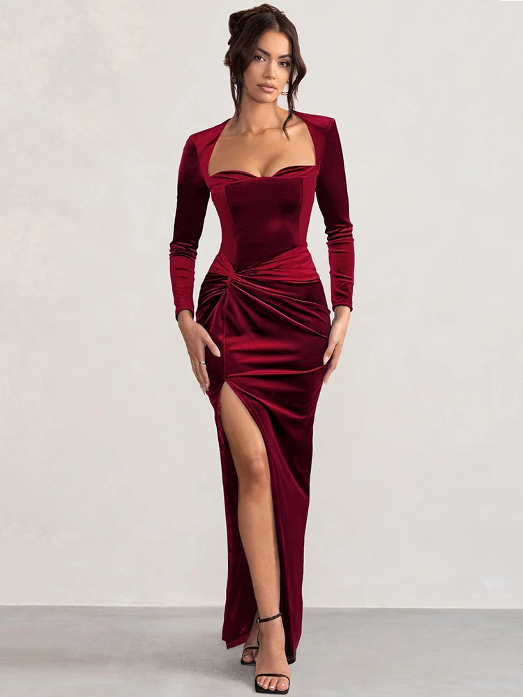 Mozision Square Collar Long Sleeve Sexy Maxi Dress For Women Velvet Fashion Ruched Split Bodycon Club Party Elegant Long Dress