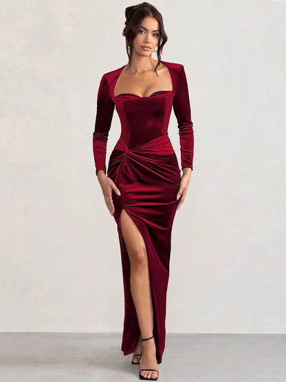 Mozision Square Collar Long Sleeve Sexy Maxi Dress For Women Velvet Fashion Ruched Split Bodycon Club Party Elegant Long Dress
