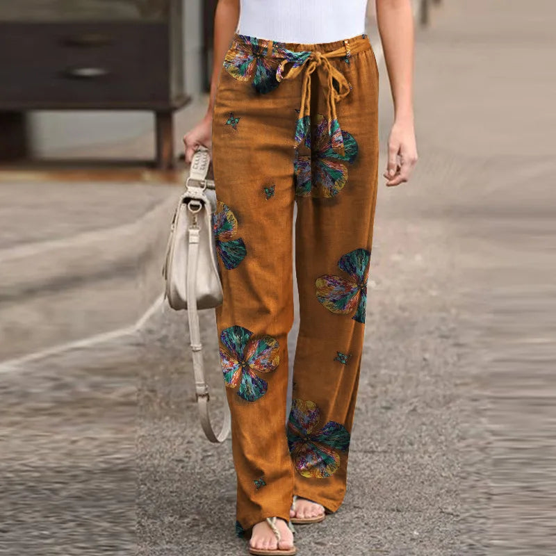 Women Casual Long Pants Print Lace Up Elastic Waist Pant Straight Spliced Pockets Lady Streetwear Elegant Lady Summer 2025