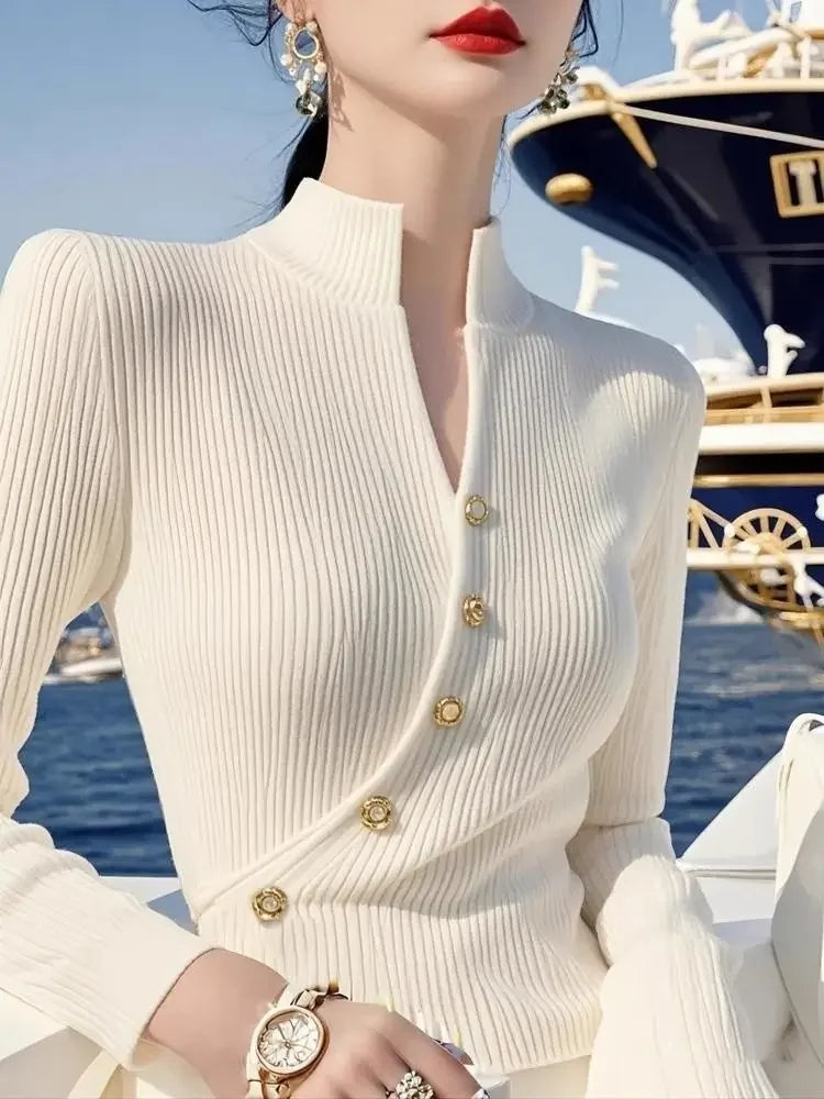 Temperament Chic Autumn Winter Women Solid Mock Neck Button Fashion Elegant Long Sleeve Pullovers Slim Bottoming Shirt Knit Tops