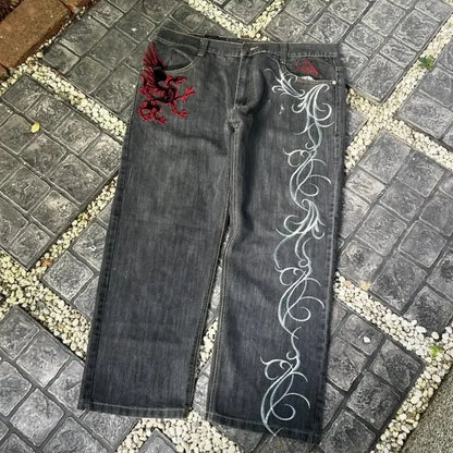 Streetwear Y2K Gothic Denim Trousers Harajuku Punk Dinosaur Embroidery Washed Jeans Hip Hop Wide Leg Oversized Jeans Mens Womens