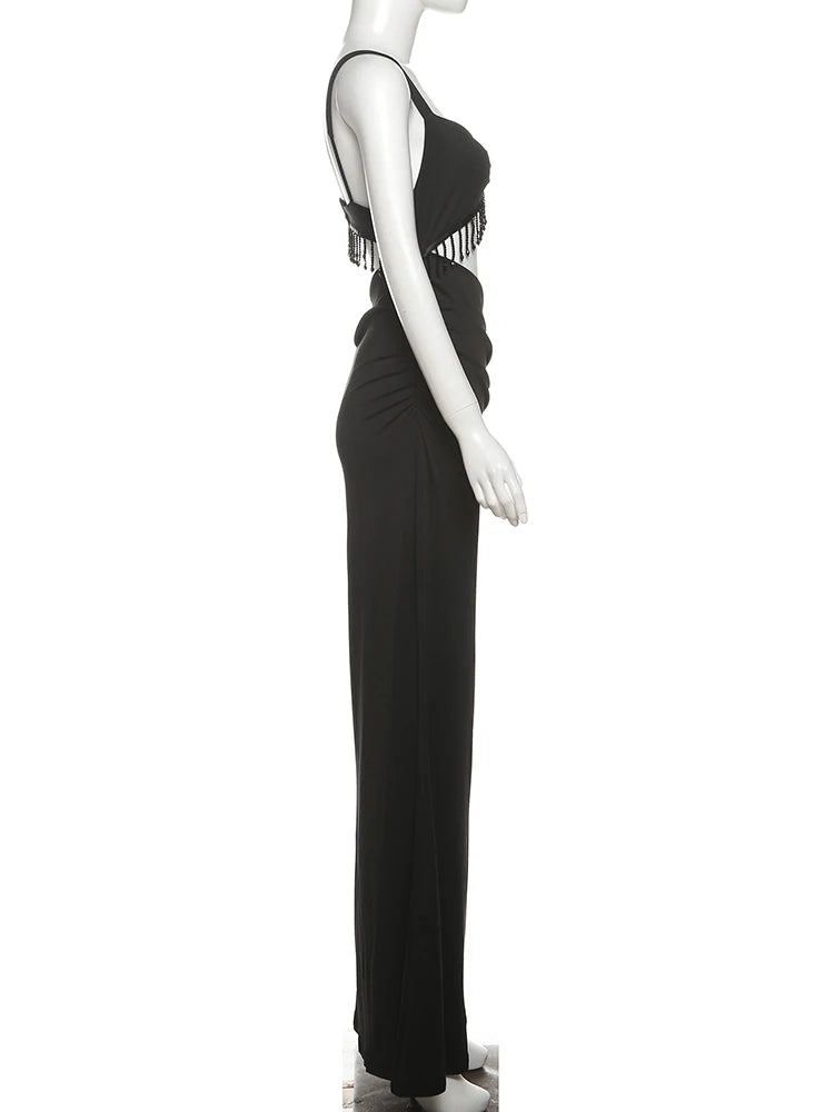 Weird Puss Sexy Hollow Tassel Women Dress Y2K Backless Sleeveless Side Ruched Summer Fashion Midnight Clubwear Backless Vestidos