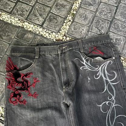 Streetwear Y2K Gothic Denim Trousers Harajuku Punk Dinosaur Embroidery Washed Jeans Hip Hop Wide Leg Oversized Jeans Mens Womens