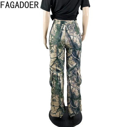 FAGADOER Casual Camouflage Cargo Pants Fashion Y2K Street Wide Leg Pants Women High Waisted Button Pocket Trousers Bottoms 2023