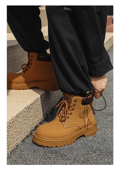 Men's High Top Boots Four Season Outdoor Work Shoes Anti Slip And Comfortable Yellow Boots Fashion British Casual Leather Boots