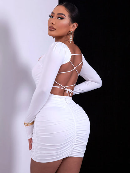 DIWU Long Sleeve Sexy White Bodycon Bouncy Dress Women Square Neck Ruched Backless Straps Elegant Mini Dresses