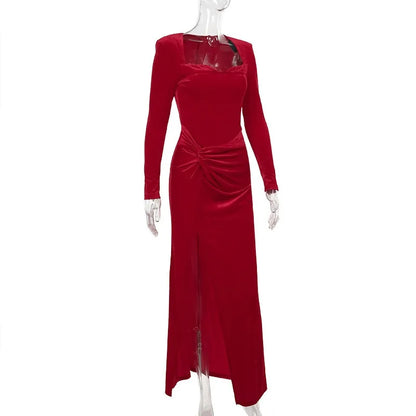 Trendix Velvet Elegant Evening Dress For Women Square Collar Long Sleeve Sexy Maxi Dresses Party Solid Slim Side Slit Dress 2025