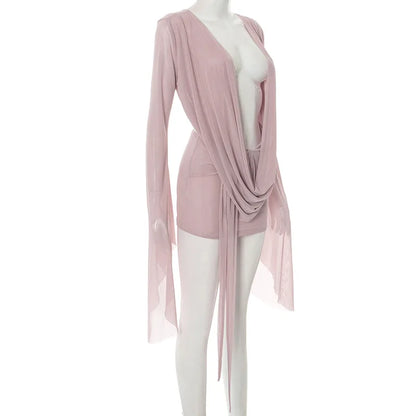 Joskaa Women's 2025 Summer Sheer Mesh Mini Dress Sexy Swing Collar Full Sleeve Irregular Backless Vestidos Vacation Beachwear