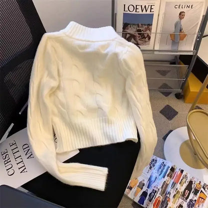 Vintage Korean Style Stand Collar Sweater Jacket Autumn/Winter Age-Reducing Zipper Embroidery Knitted Cardigan University Top