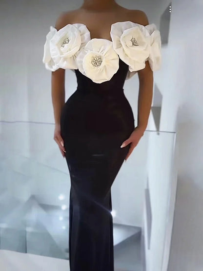 3 Colors Stereoscopic Flowers Sexy Off The Shoulder Ankle Lenght Bandage Dress Woman Birthday Party Vestido Wedding Party Outfit