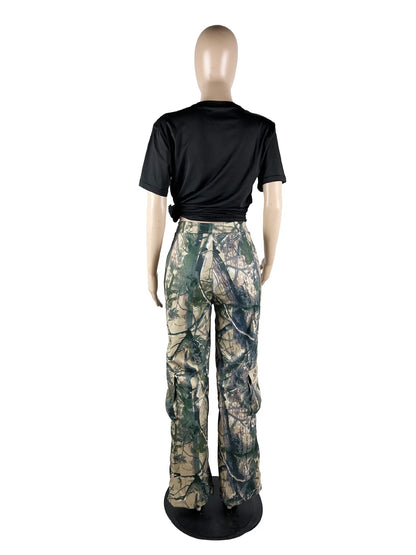 FAGADOER Casual Camouflage Cargo Pants Fashion Y2K Street Wide Leg Pants Women High Waisted Button Pocket Trousers Bottoms 2023