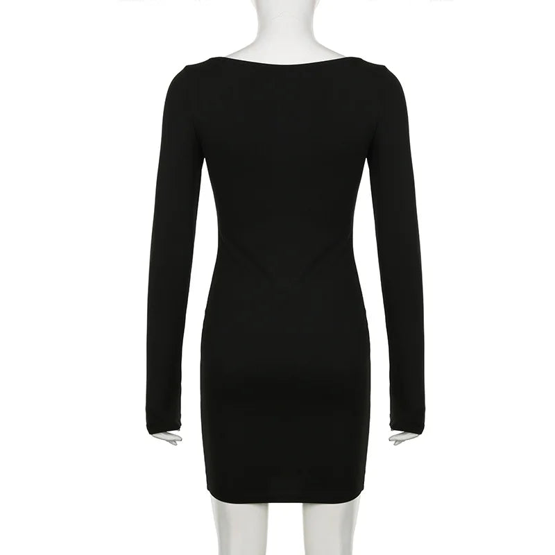 Autumn Winter Sexy Square Neck Low-cut Slim Bodycon Mini Dress Women Long Sleeved Skinny Dress Elegant Club Party Vestidos