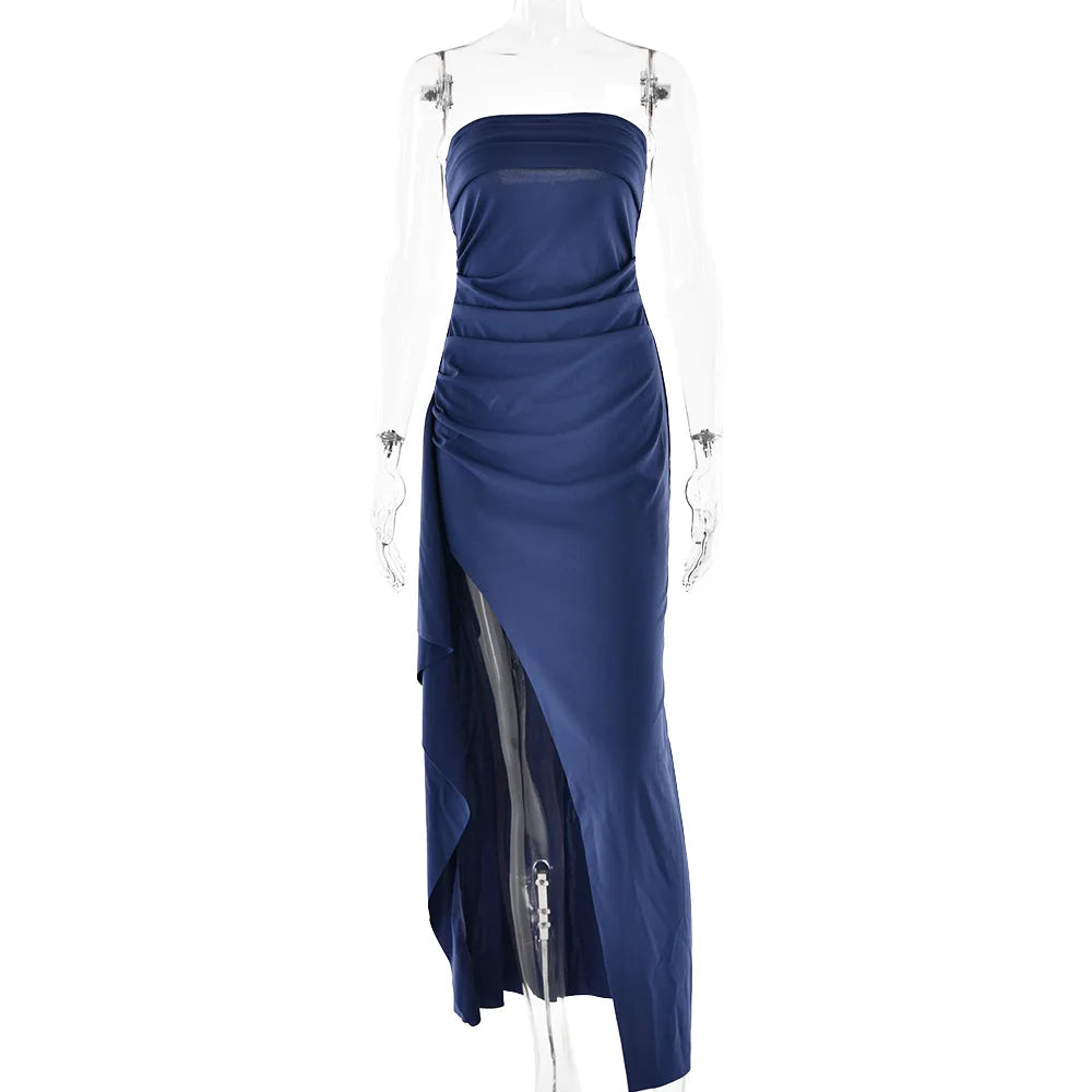 Cryptographic Off Shoulder Elegant High Rise Split Maxi Dress Club Outfits for Women Sexy Strapless Evening Dresses Ruched Gown