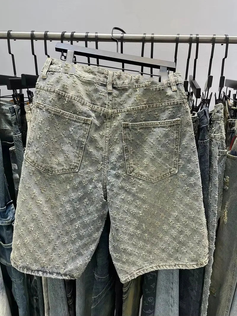 Fashion Casual Summer Light Blue Distressed Men Denim Shorts Smart Straight Leg Loosen Male High Street Niche Design Tide Shorts