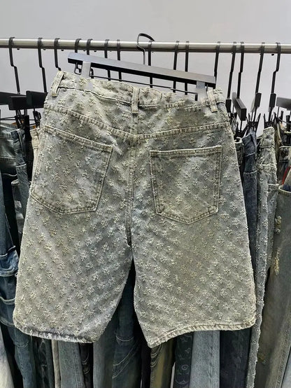 Fashion Casual Summer Light Blue Distressed Men Denim Shorts Smart Straight Leg Loosen Male High Street Niche Design Tide Shorts