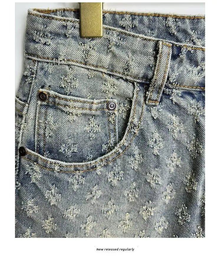 Fashion Casual Summer Light Blue Distressed Men Denim Shorts Smart Straight Leg Loosen Male High Street Niche Design Tide Shorts