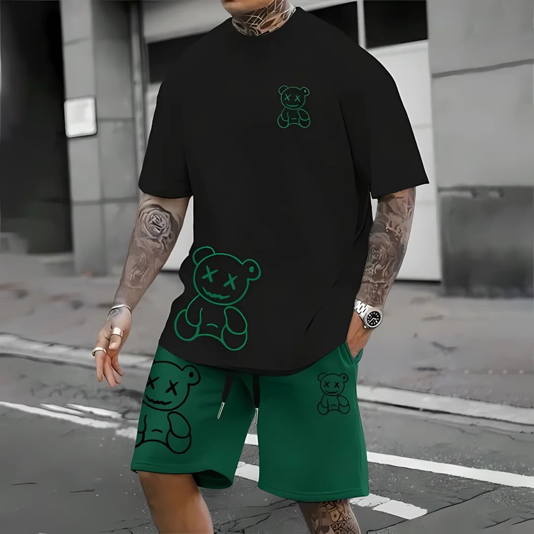 Summer 2025 New Funny Bear Print Men's T-shirt Shorts Two-piece Set Outdoor Sports Leisure Fashion Trend Harajuku Street Style