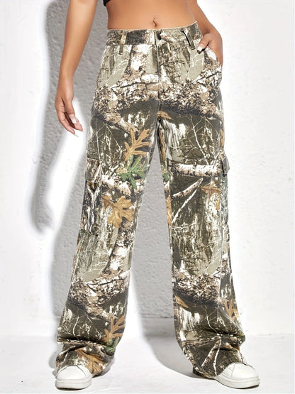 FAGADOER Fashion Camouflage Print Straight Pants Women High Waisted Button Pocket Loose Trousers Casual Female Sporty Bottoms