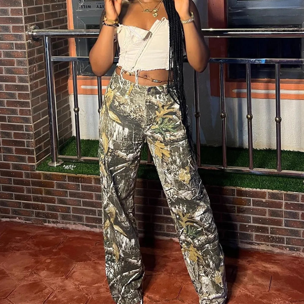 FAGADOER Fashion Camouflage Print Straight Pants Women High Waisted Button Pocket Loose Trousers Casual Female Sporty Bottoms