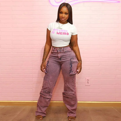 High Waist Tie Dye Denim Pants Women's Workwear Style Loose Fit Multi Pocket Trendy Street Fashion Long Trousers