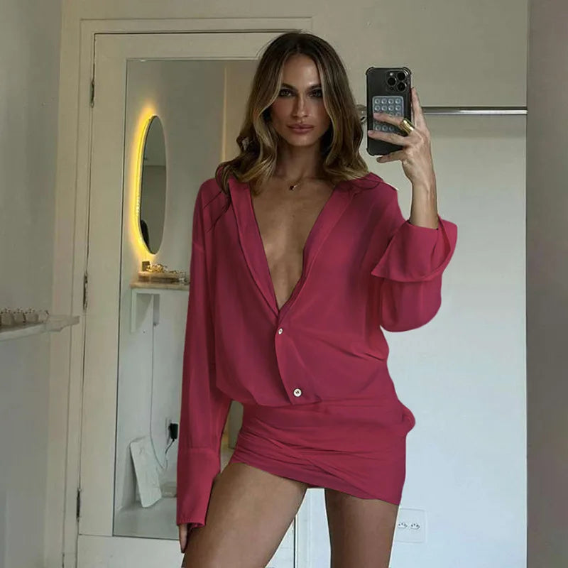 Cryptographic Fashion See Through Shirt Mini Dress Flare Sleeve Sexy Club Party Bandage Ruched Lapel Dresses Outfits Clothes