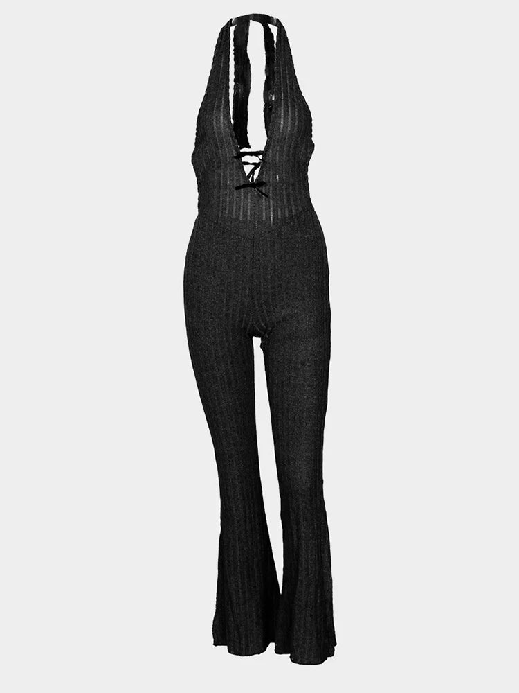 Weird Puss Backless Jumpsuit Women Low-Neck Sleeveless Skinny Stretch Halter Fitness Knit Clubwear Sexy Summer Trend Soft Outfit