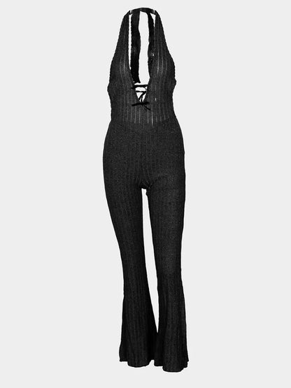 Weird Puss Backless Jumpsuit Women Low-Neck Sleeveless Skinny Stretch Halter Fitness Knit Clubwear Sexy Summer Trend Soft Outfit