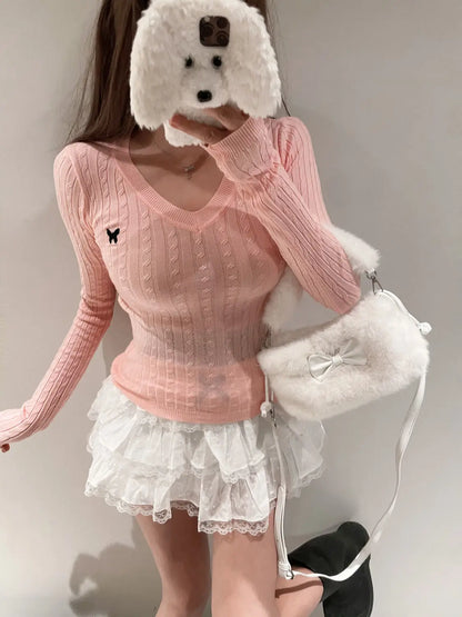 Casual V Neck White Pullovers Women Sweaters Autumn Winter Basic Long Sleeve Y2k Clothes Korean Pink Grey Ladies Tops Jumpers