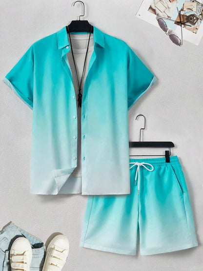 Coconut Tree Print Men's Shirt Gradient Short Sleeve And Beach Shorts Sets Summer Casual Loose Shirts Hawaiian Style Man Outfit
