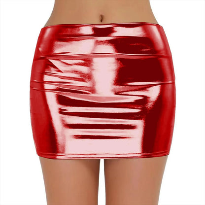 Sexy PU Leather Short Skirts for Women Club Prom Performance Solid High Waist Mini Skirt Gold Red Shine Bright Fladas Mujer XXL