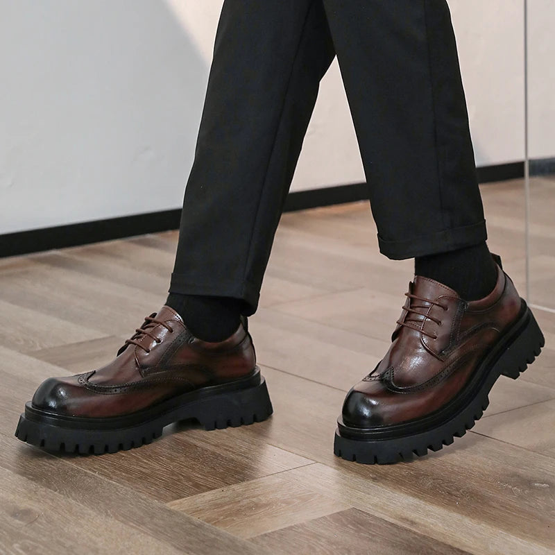 British Style Men's Block Shoes Thick Soled Durable for Office Interviews Formal Shoes Retro Brown Men's Shiny Leather Shoes