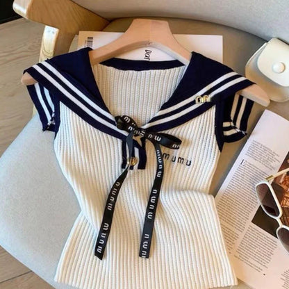 Summer Letter Embroidered Knitting Tank Top Women Clothes Preppy Style Lacing Patchwork Sailor Collar Sleeveless Pullovers Tops