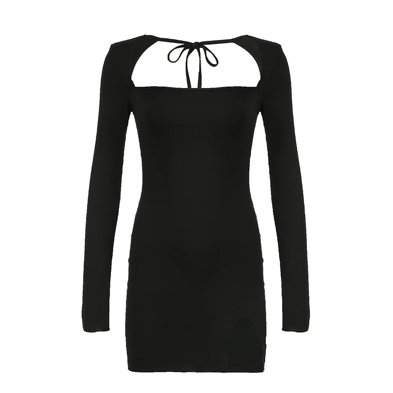 Fashion Autumn Dresses Women New Streetwear Long Sleeves Split Lace-up Mini Dress Black Sexy Backless Female Casual Slim Dresses
