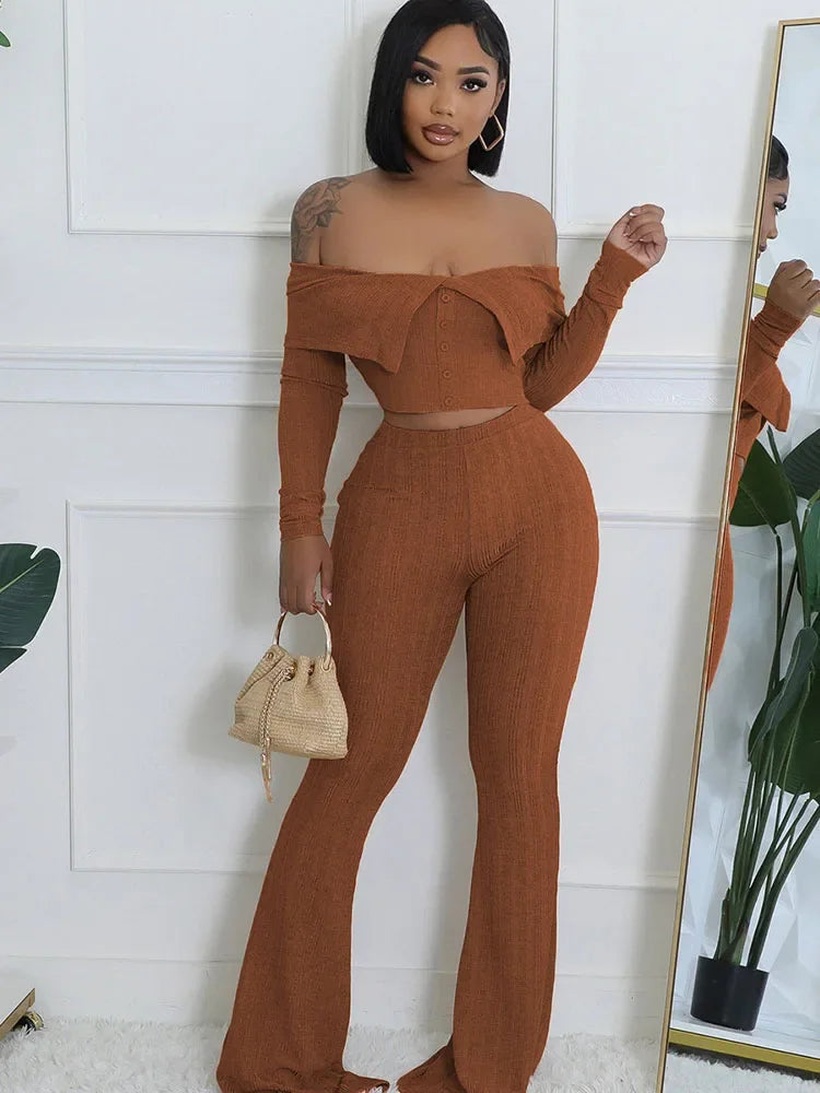 Sexy Knitted Two Piece Set for Women Birthday Outfits Off Shoulder Slash Neck Crop Top and Flare Pants Set Conjuntos Femininos