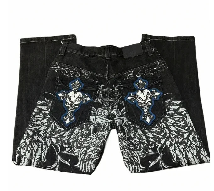2025 New Jeans embroidered hip-hop wide-leg floor-moving Y2K mid-waist gothic individual men's pants American retro fashion★★★★
