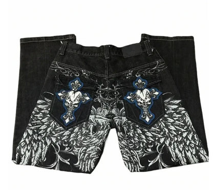 2025 New Jeans embroidered hip-hop wide-leg floor-moving Y2K mid-waist gothic individual men's pants American retro fashion★★★★