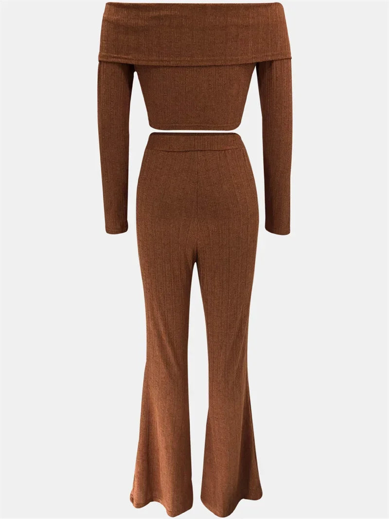Sexy Knitted Two Piece Set for Women Birthday Outfits Off Shoulder Slash Neck Crop Top and Flare Pants Set Conjuntos Femininos