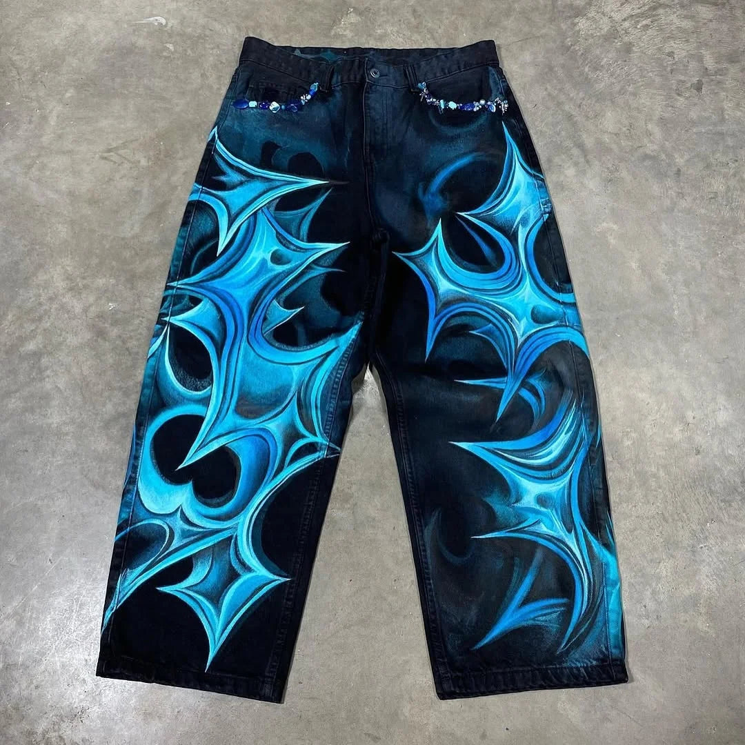 Vintage Mens Baggy Black Jeans Summer Gothic Cross Graffiti Straight Denim Pants High Street Women Casual Wide Leg Trousers