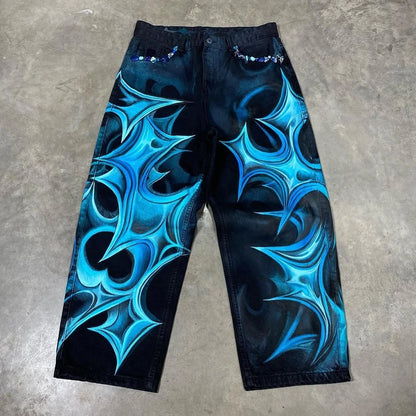Vintage Mens Baggy Black Jeans Summer Gothic Cross Graffiti Straight Denim Pants High Street Women Casual Wide Leg Trousers