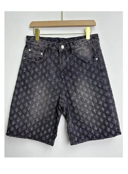 Fashion Casual Summer Light Blue Distressed Men Denim Shorts Smart Straight Leg Loosen Male High Street Niche Design Tide Shorts