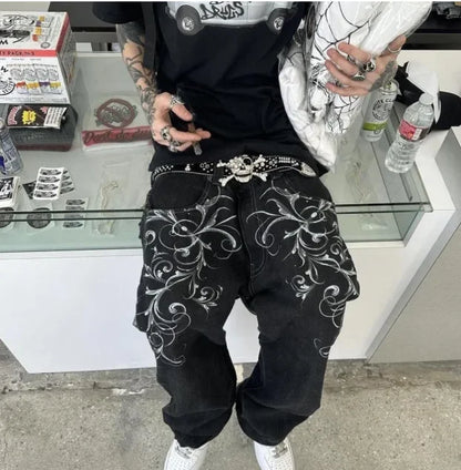 2025 New Jeans embroidered hip-hop wide-leg floor-moving Y2K mid-waist gothic individual men's pants American retro fashion★★★★