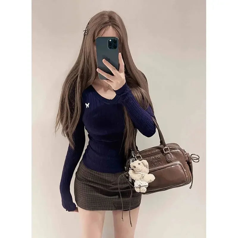 Casual V Neck White Pullovers Women Sweaters Autumn Winter Basic Long Sleeve Y2k Clothes Korean Pink Grey Ladies Tops Jumpers