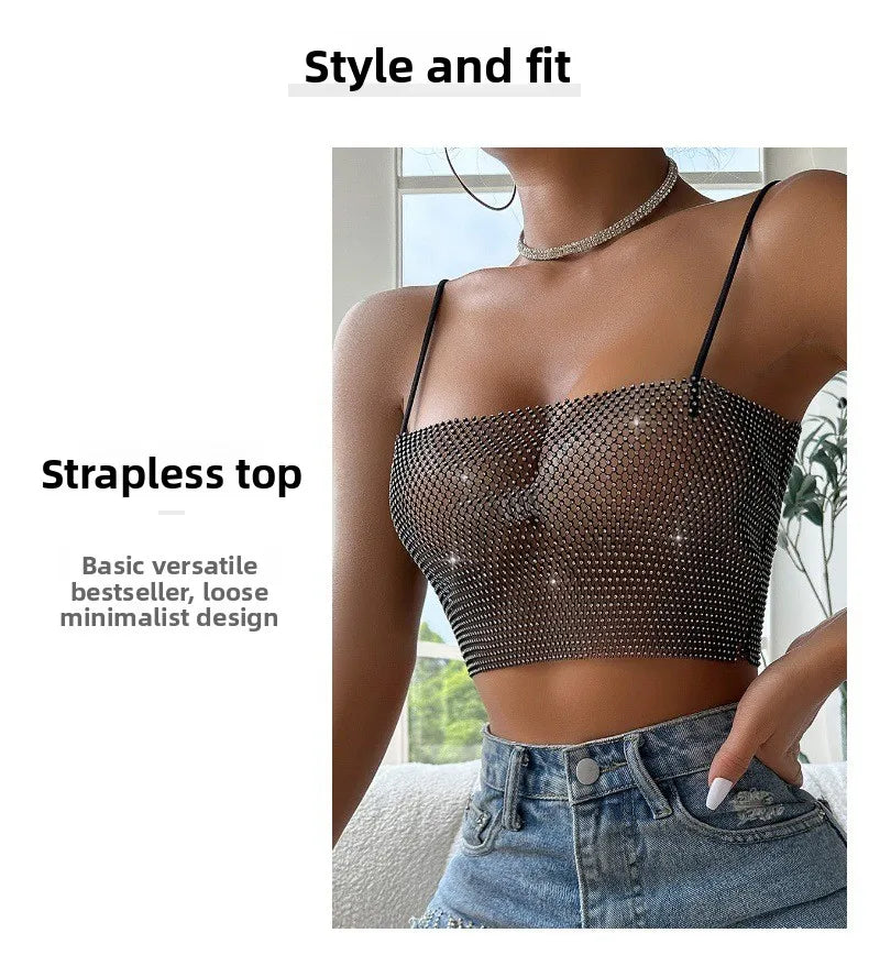Sexy Fiing Net Bright Diamond Tube Top Strap Tight Body 8 Sparkling Fla S Summer New Arrival Women's Vest Strap