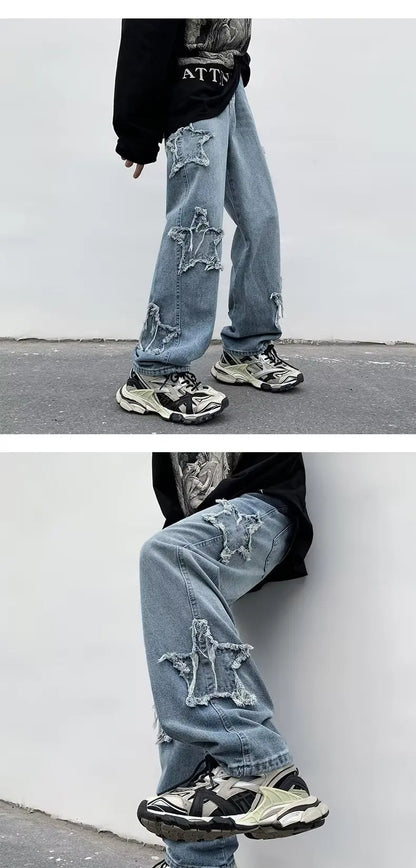2025 New Fashion Stars Towel Embroidery Brown Men Jeans Pants Y2K Clothes Straight Hip Hop Cotton Trousers Pantalon Homme