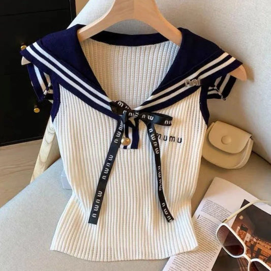 Summer Letter Embroidered Knitting Tank Top Women Clothes Preppy Style Lacing Patchwork Sailor Collar Sleeveless Pullovers Tops