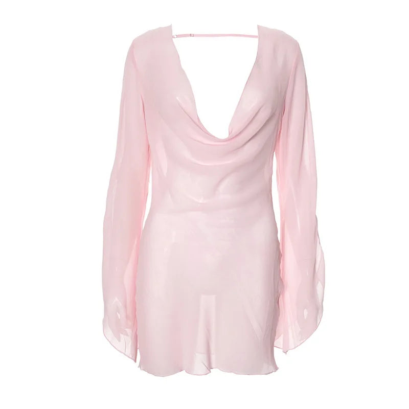 Sexy Deep V-Neck Nightgown Trendy Pink Backless Flare sleeve Sheer Mini Dress Women's Sensual Clothing Sleepwear Loungewear Pjs
