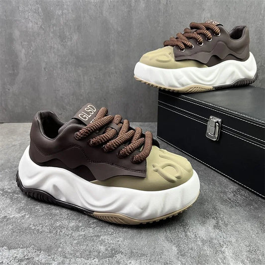 Color Matching Casual Sneakers Mens Soft Leather Splicing Heightened Platform Casual Shoes Fashion Versatile Platform Sneakers