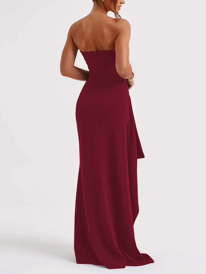 Cryptographic Off Shoulder Elegant High Rise Split Maxi Dress Club Outfits for Women Sexy Strapless Evening Dresses Ruched Gown