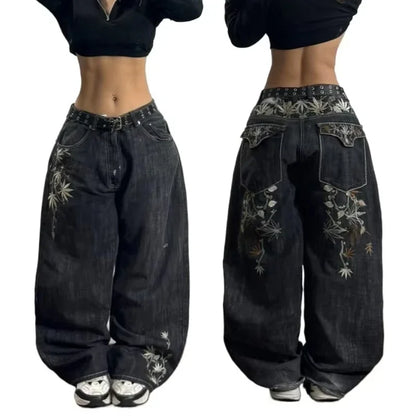 Y2K American New Hole Oversized Printing Washed Old Casual Jeans Men Punk Fashion Vintage Hip Hop High Waist Wide Leg Pants