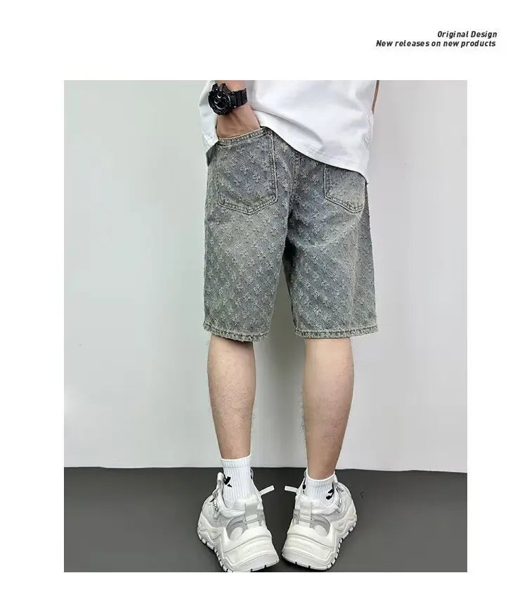 Fashion Casual Summer Light Blue Distressed Men Denim Shorts Smart Straight Leg Loosen Male High Street Niche Design Tide Shorts